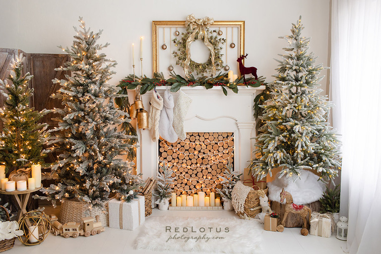 Christmas Holiday Photo backdrop with fireplace mantel, Christmas trees, garland, wreath, neutral colors